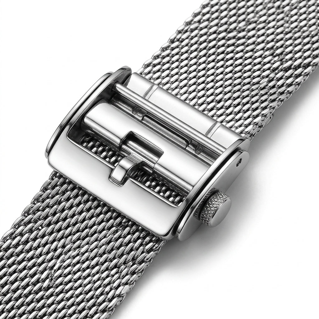 Close-up of a silver mesh watch strap with a buckle on a white background