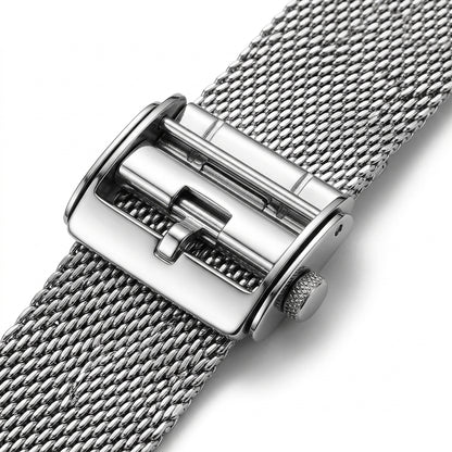 Close-up of a silver mesh watch strap with a buckle on a white background