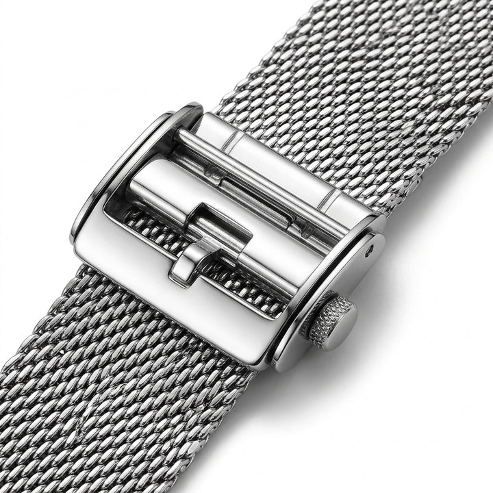 Close-up of a silver mesh watch strap with a buckle on a white background