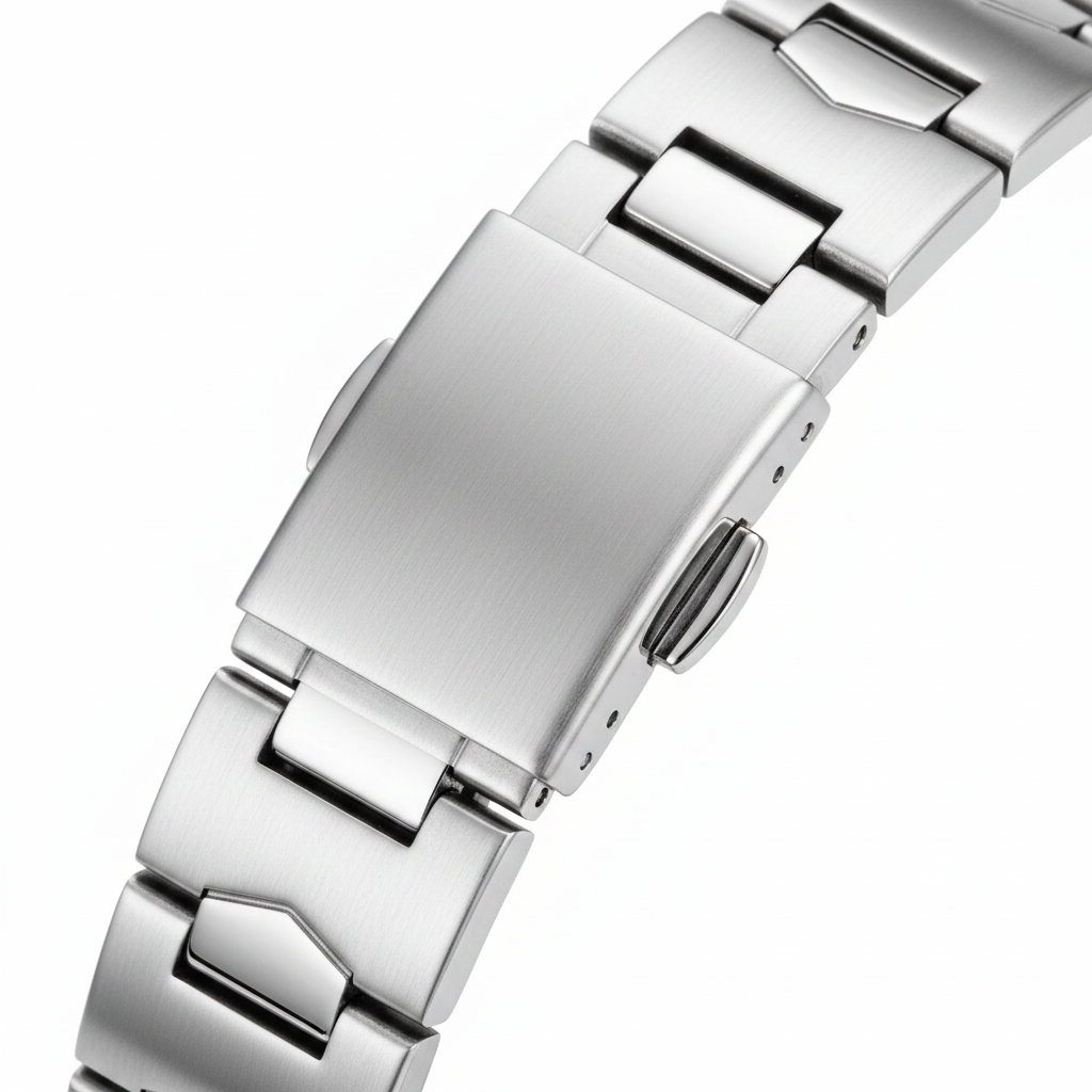 Close-up of a silver metal watch strap on a white background