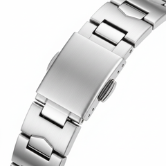 Close-up of a silver metal watch strap on a white background