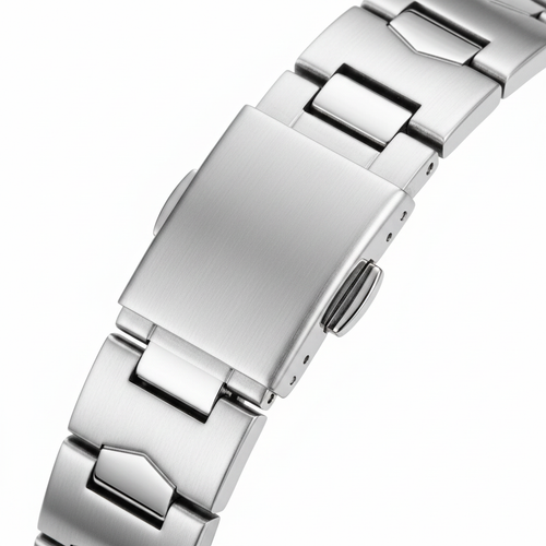 Close-up of a silver metal watch strap on a white background