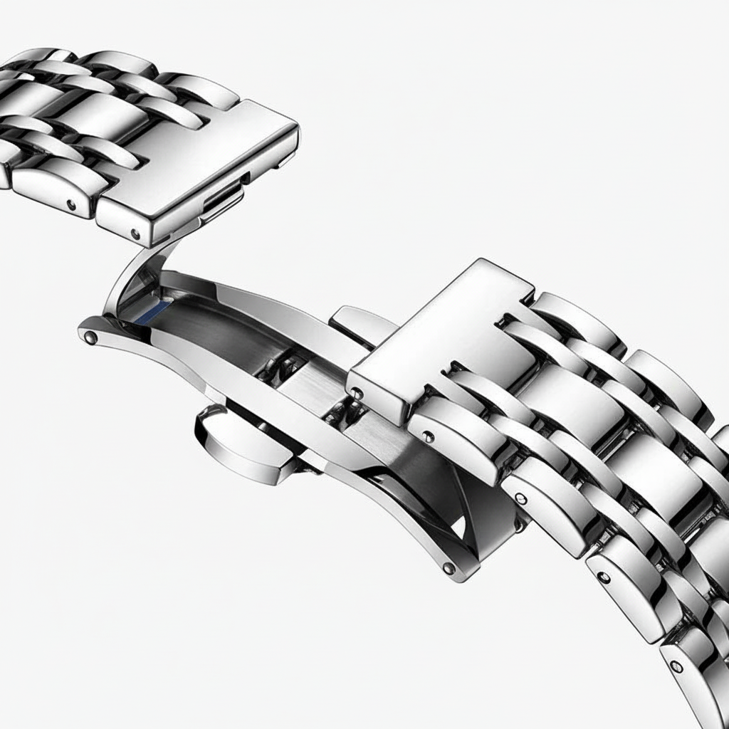 Close-up of a silver metal watch strap on a white background
