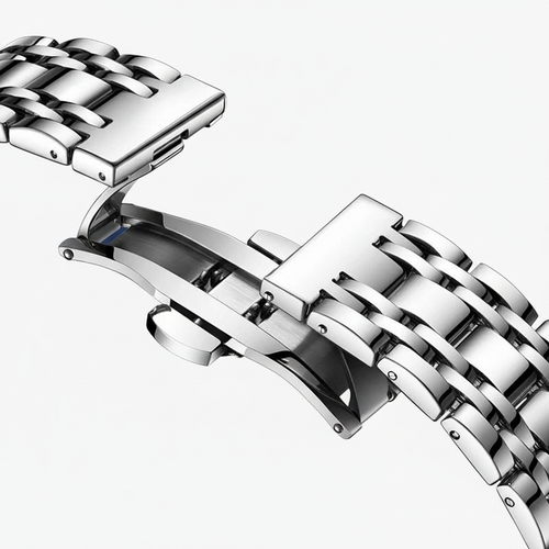 Close-up of a silver metal watch strap on a white background