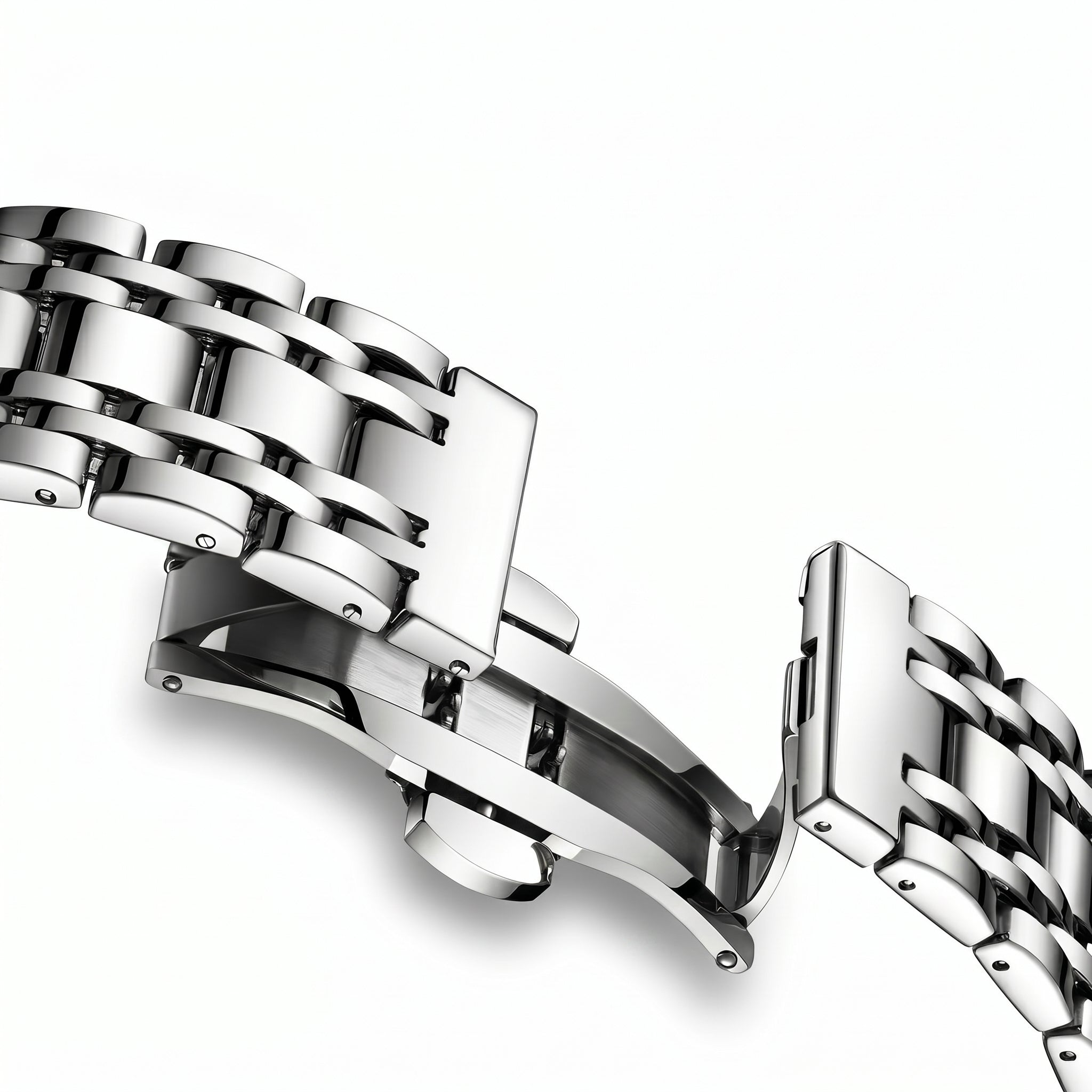 Close-up of a silver metal bracelet on a white background