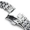 Close-up of a silver metal watch strap on a white background