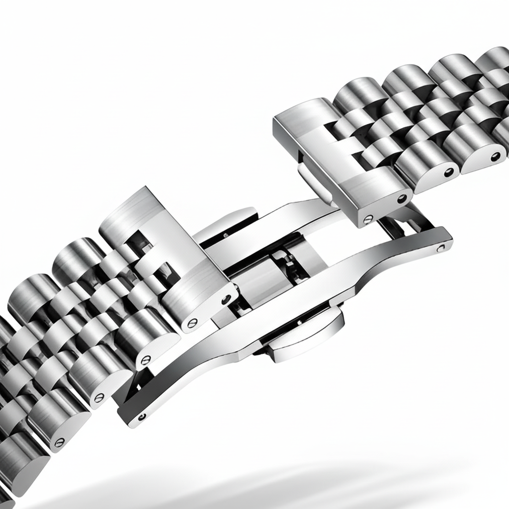 Close-up of a silver metal watch bracelet on a white background