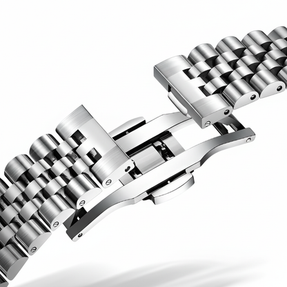 Close-up of a silver metal watch bracelet on a white background