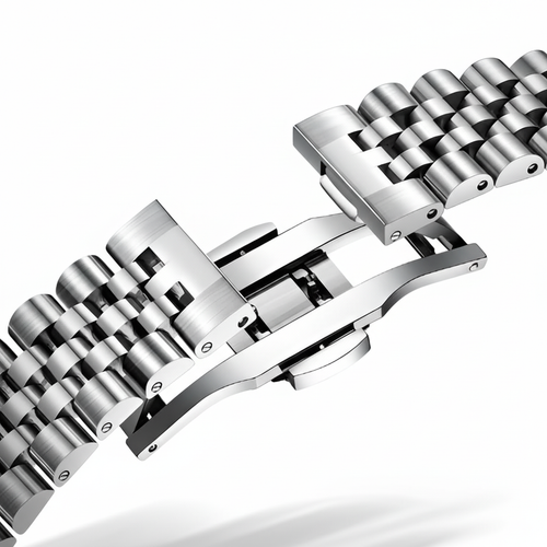 Close-up of a silver metal watch bracelet on a white background