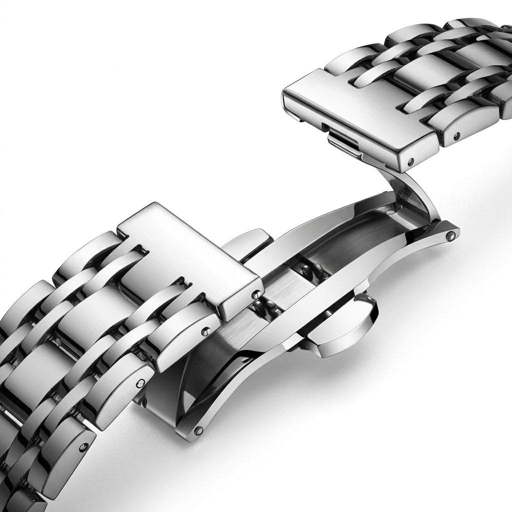 Close-up of a silver metal watch strap on a white background
