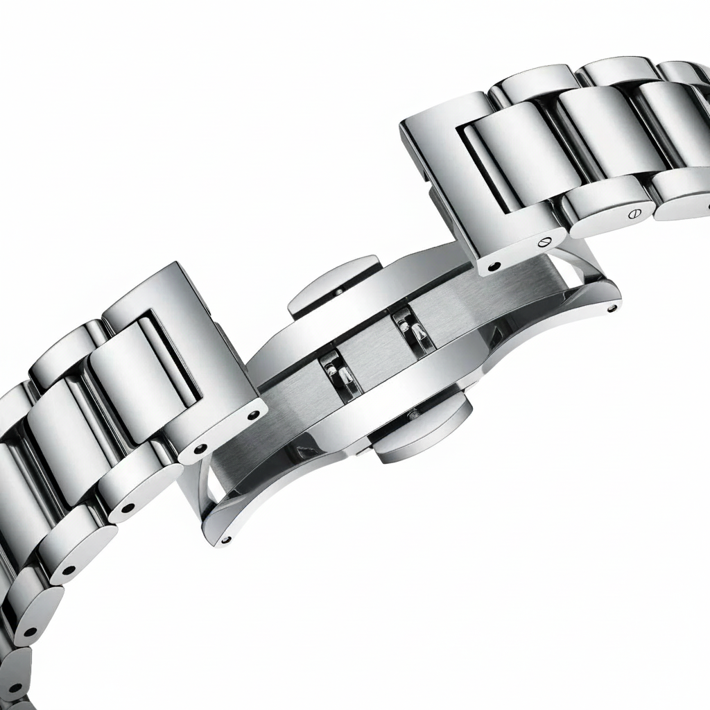 Close-up of a silver metal watch bracelet on a white background
