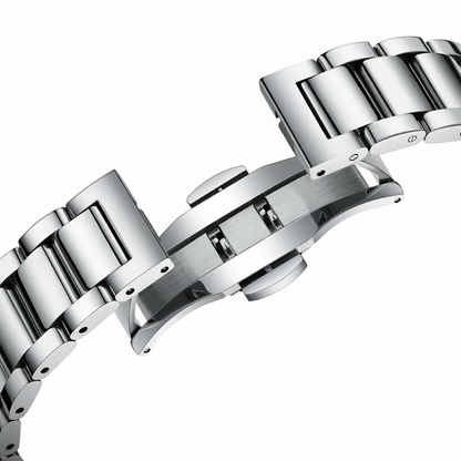 Close-up of a silver metal watch bracelet on a white background