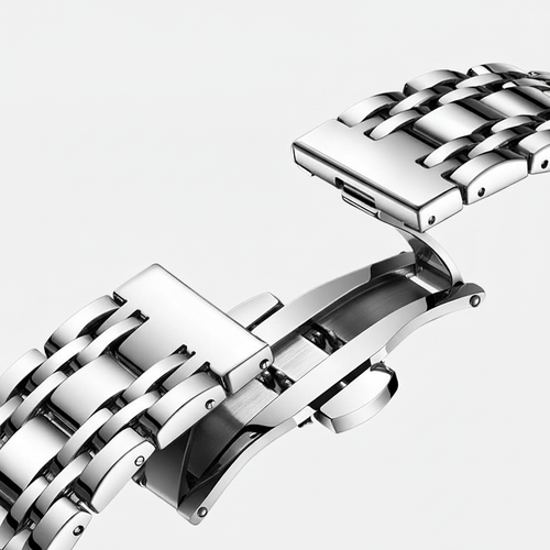 Close-up of a silver metal watch strap on a light gray background