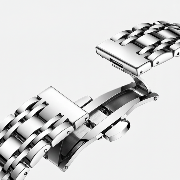 Close-up of a silver metal watch strap on a light gray background