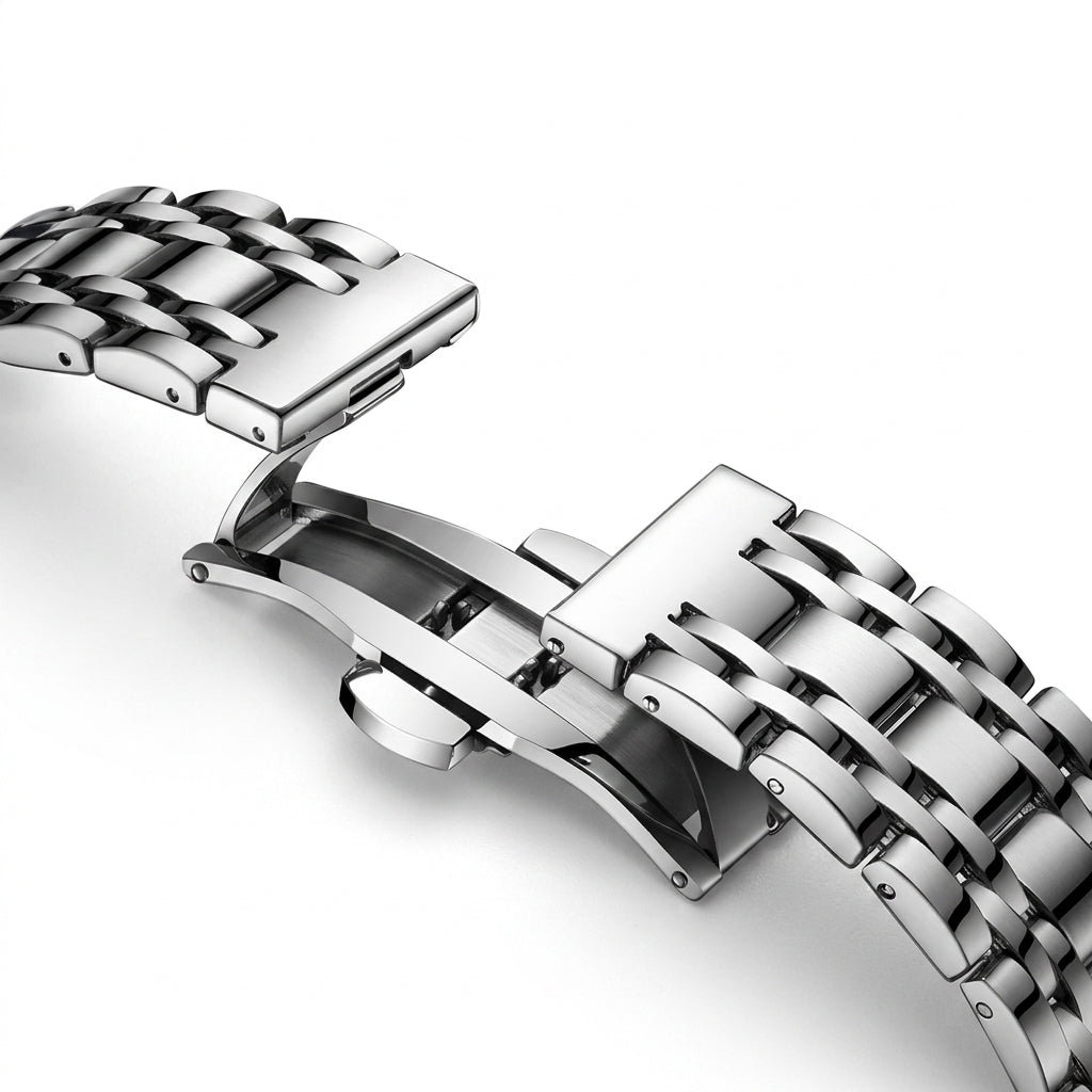 Close-up of a silver metal watch strap on a white background