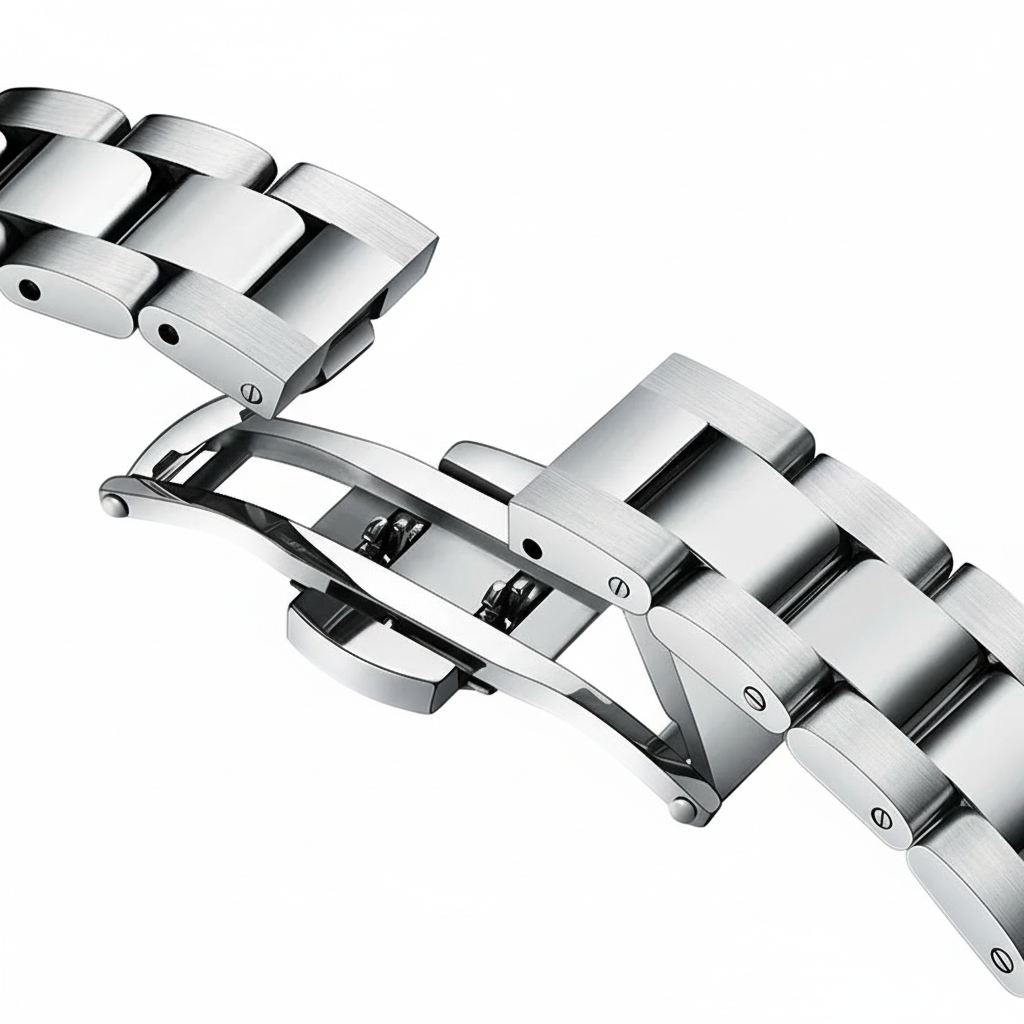 Close-up of a silver metal watch strap on a white background