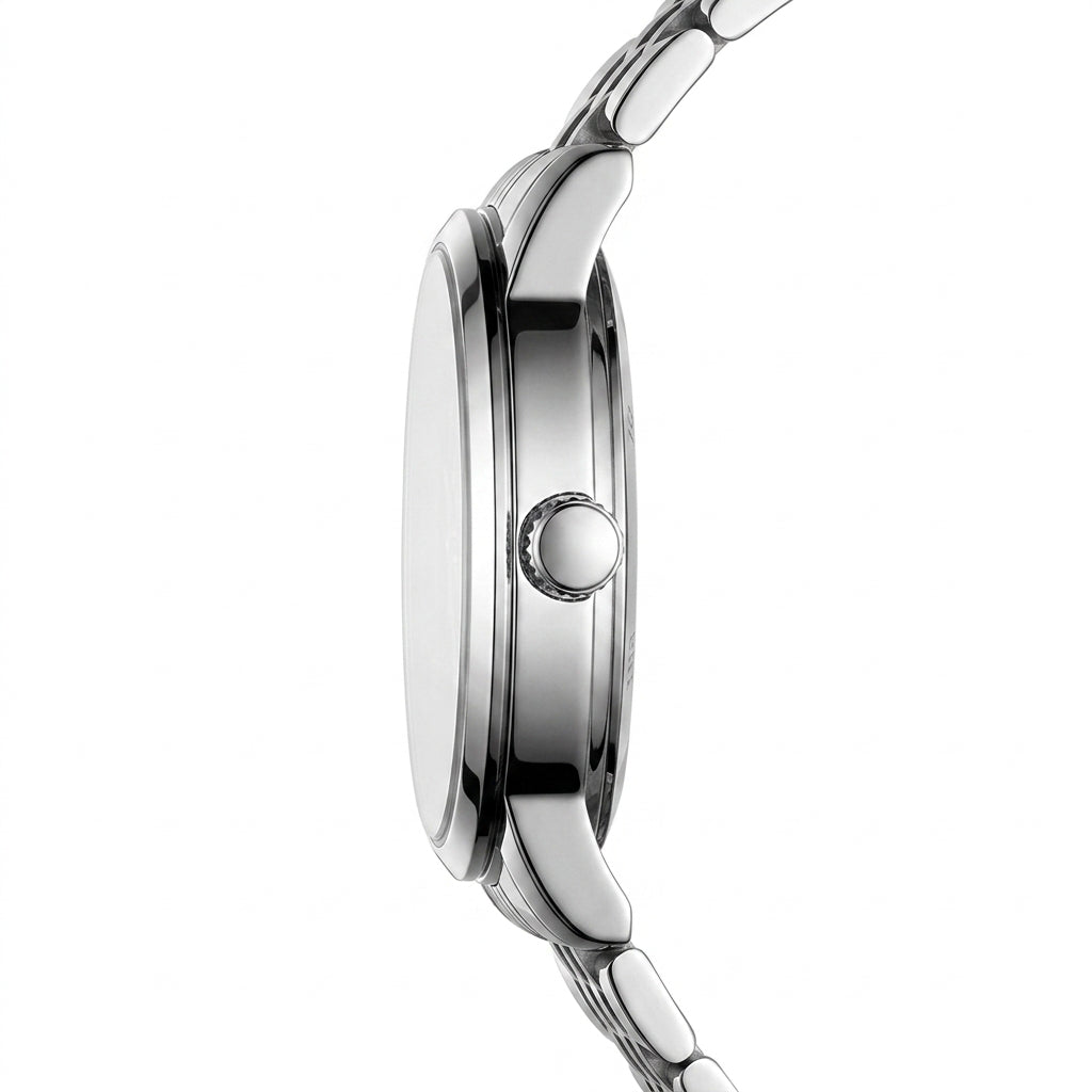 Close-up of a silver watch with a white background