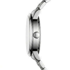 Close-up of a silver watch with a white background