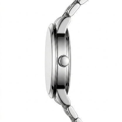 Close-up of a silver watch with a white background