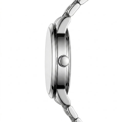 Close-up of a silver watch with a white background