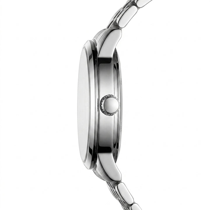 Close-up of a silver watch with a white background