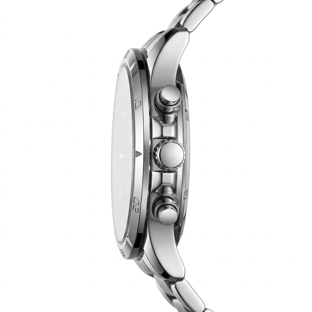 Close-up of a silver watch with detailed case and bracelet on a white background