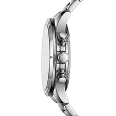 Close-up of a silver watch with detailed case and bracelet on a white background