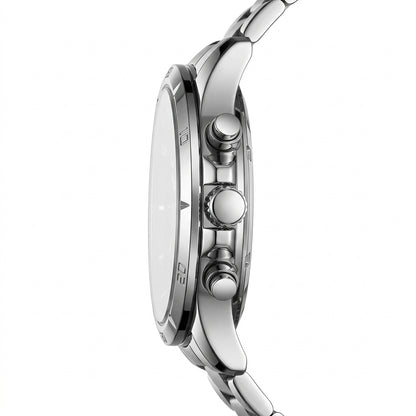 Close-up of a silver watch with detailed case and bracelet on a white background