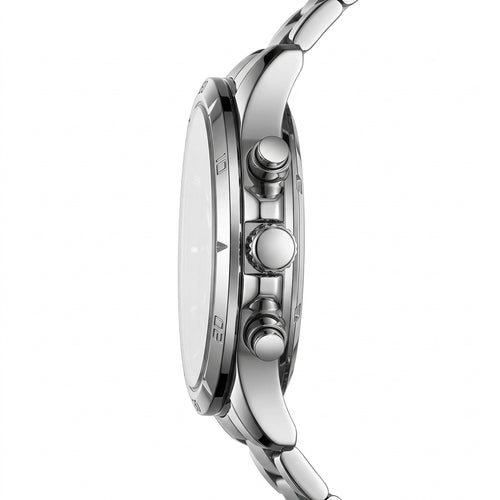 Close-up of a silver watch with detailed case and bracelet on a white background