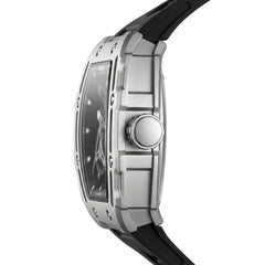 Close-up of a silver watch with a black strap on a white background