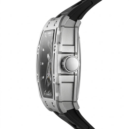 Close-up of a silver watch with a black strap on a white background