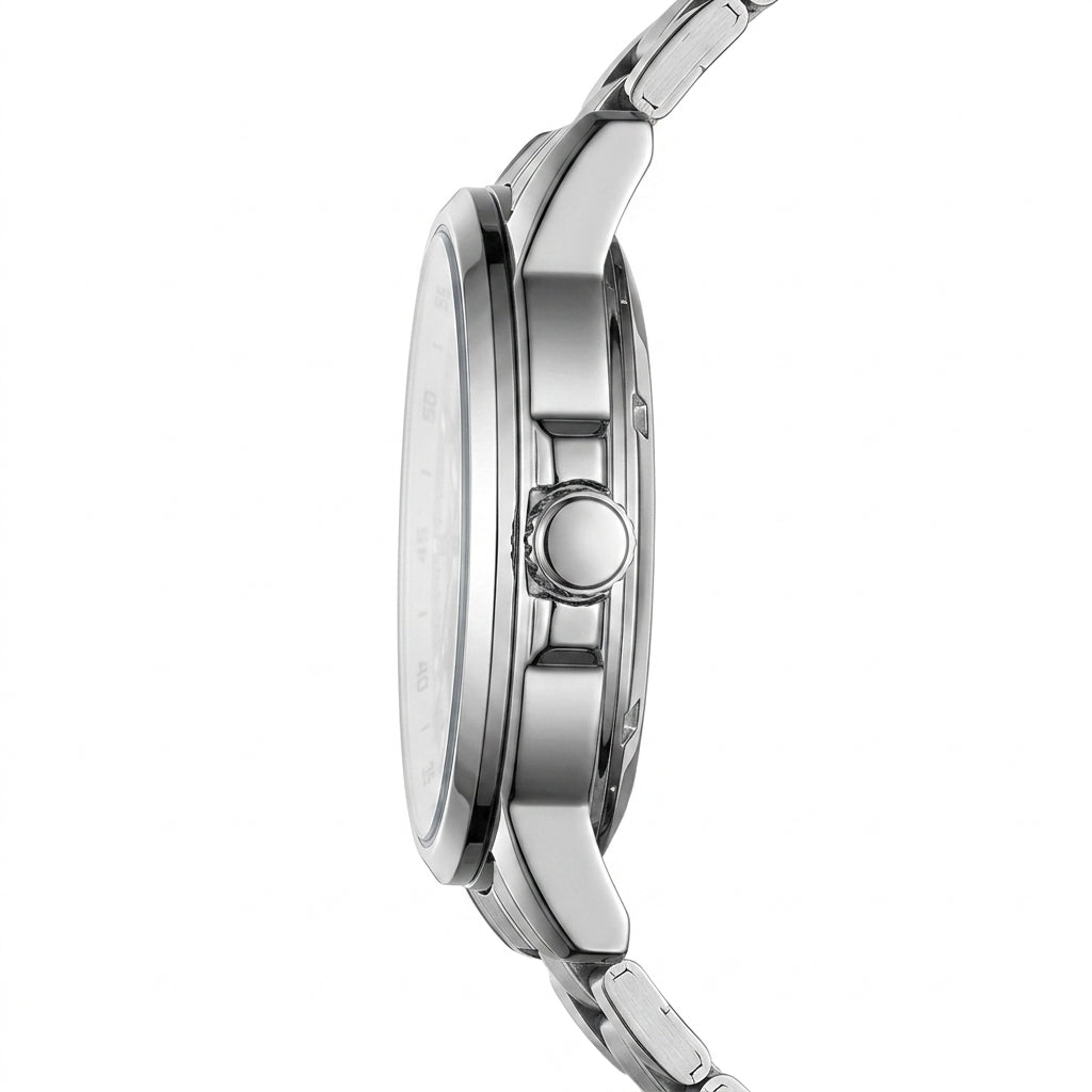 Close-up of a silver watch with a white background