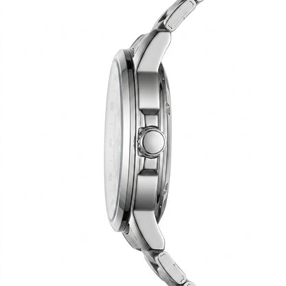 Close-up of a silver watch with a white background