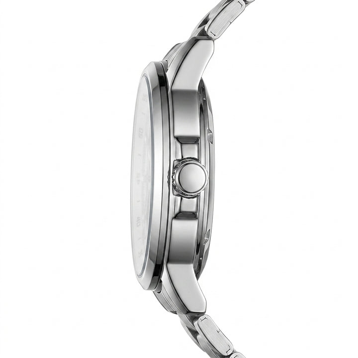 Close-up of a silver watch with a white background