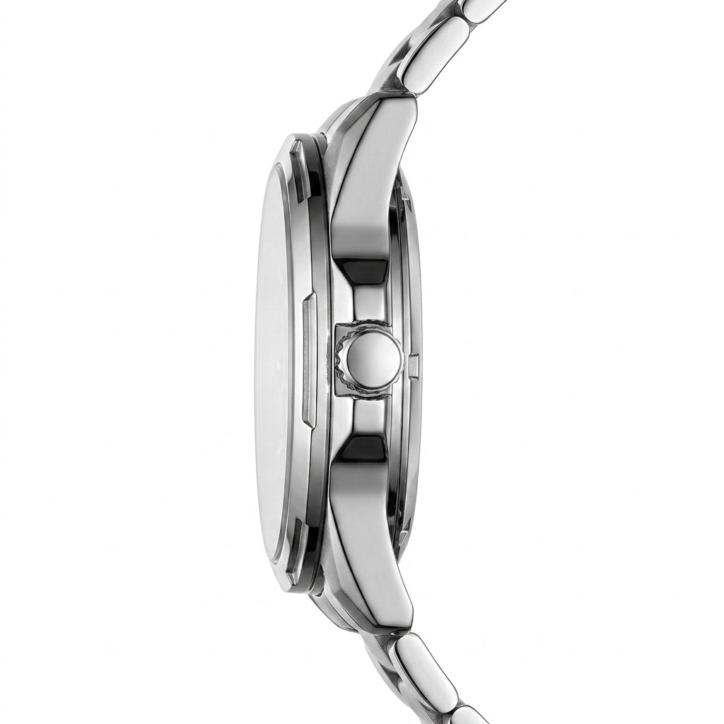 Close-up of a silver watch on a white background