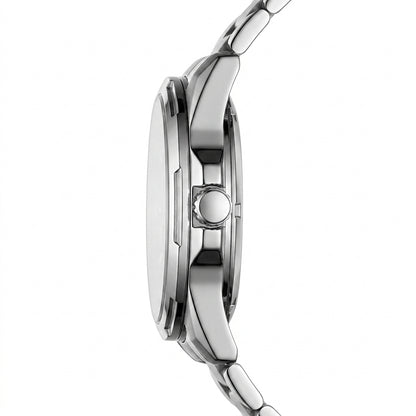 Close-up of a silver watch on a white background