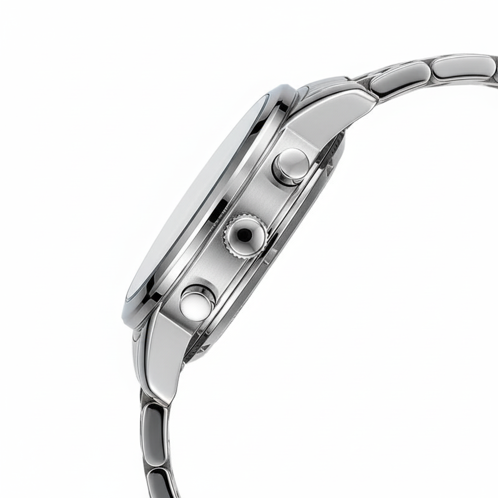 Close-up of a silver watch with a white background