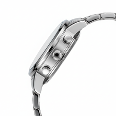 Close-up of a silver watch with a white background