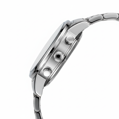 Close-up of a silver watch with a white background