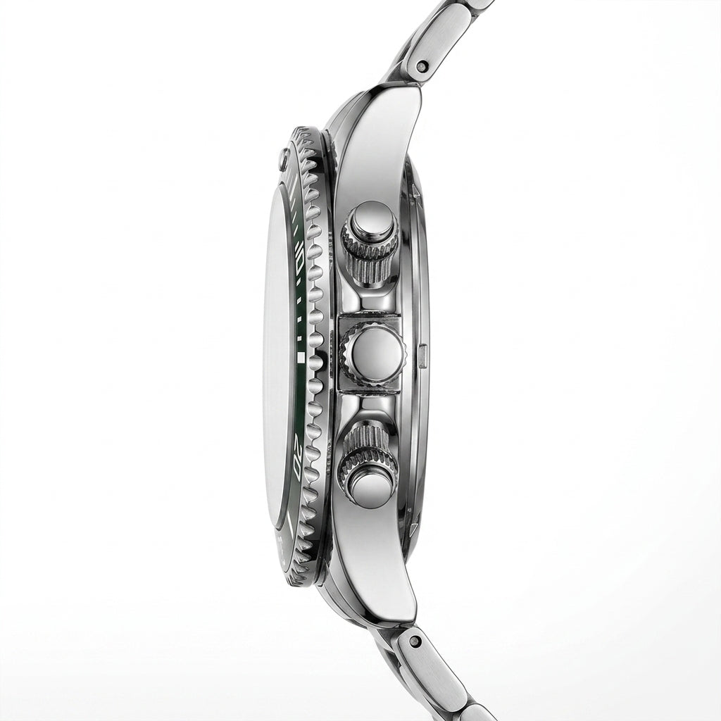 Close-up of a silver watch with detailed case and strap on a white background