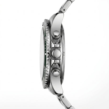 Close-up of a silver watch with detailed case and strap on a white background