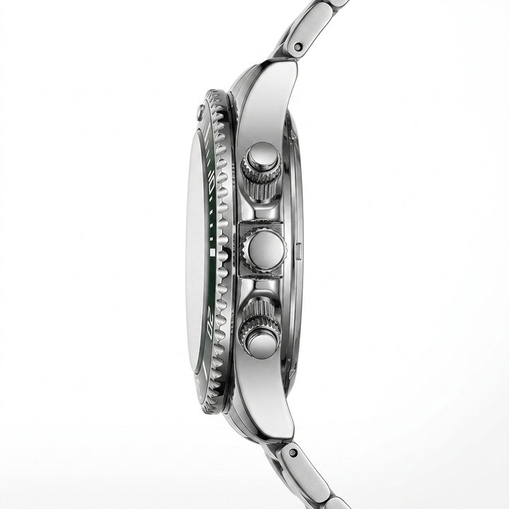 Close-up of a silver watch with detailed case and strap on a white background