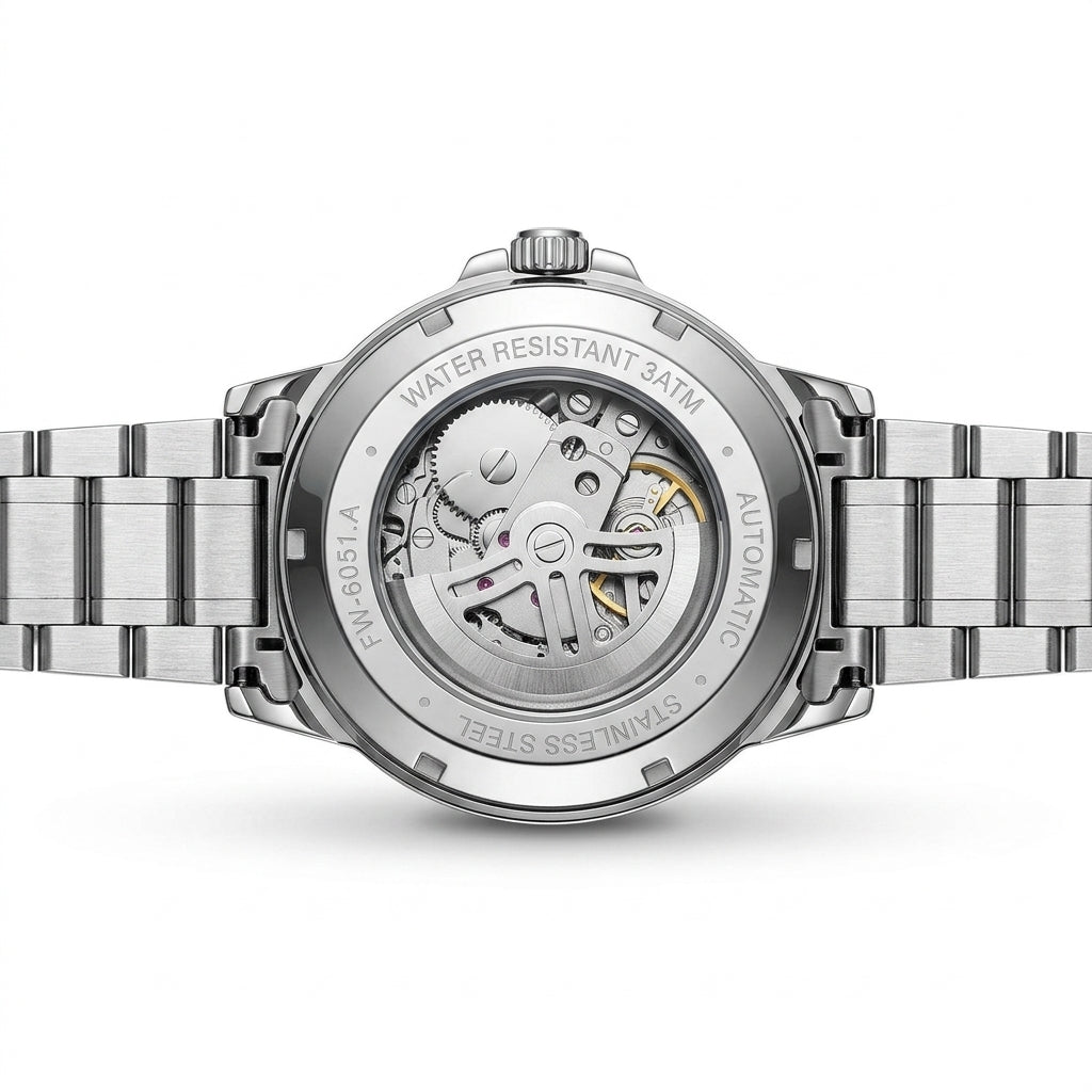 Close-up of a silver watch with visible mechanical components on a white background