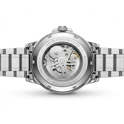 Close-up of a silver watch with visible mechanical components on a white background