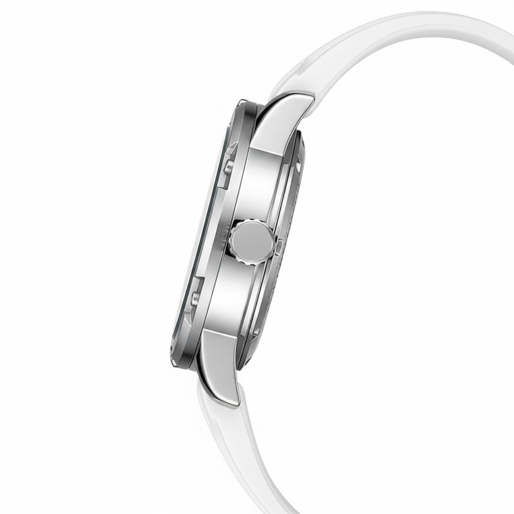 Close-up of a silver watch with a white strap on a white background