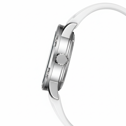 Close-up of a silver watch with a white strap on a white background