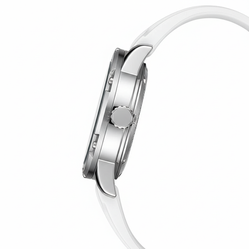 Close-up of a silver watch with a white strap on a white background