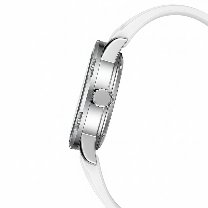 Close-up of a silver watch with a white strap on a white background