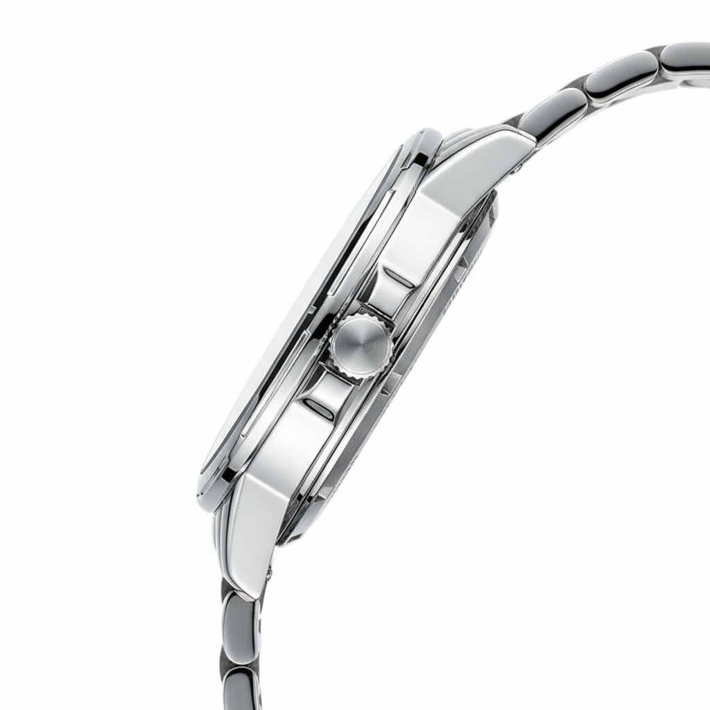 Close-up of a silver watch with a white background