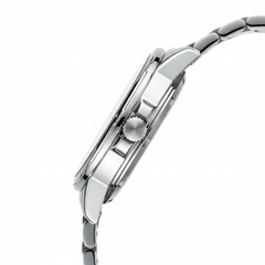 Close-up of a silver watch with a white background